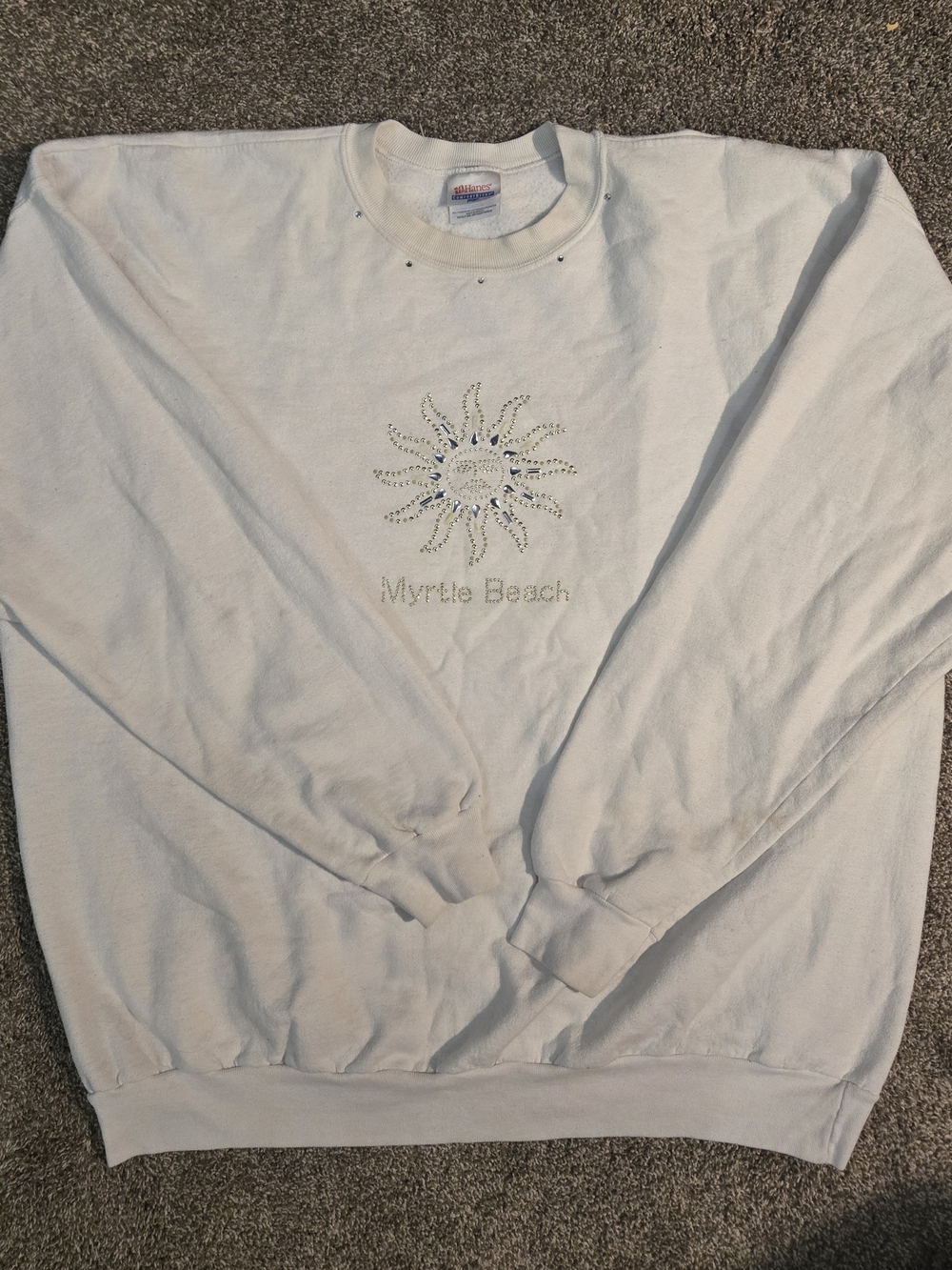 Myrtle Beach White Crewneck Sweatshirt with Rhinestone Sun Accent